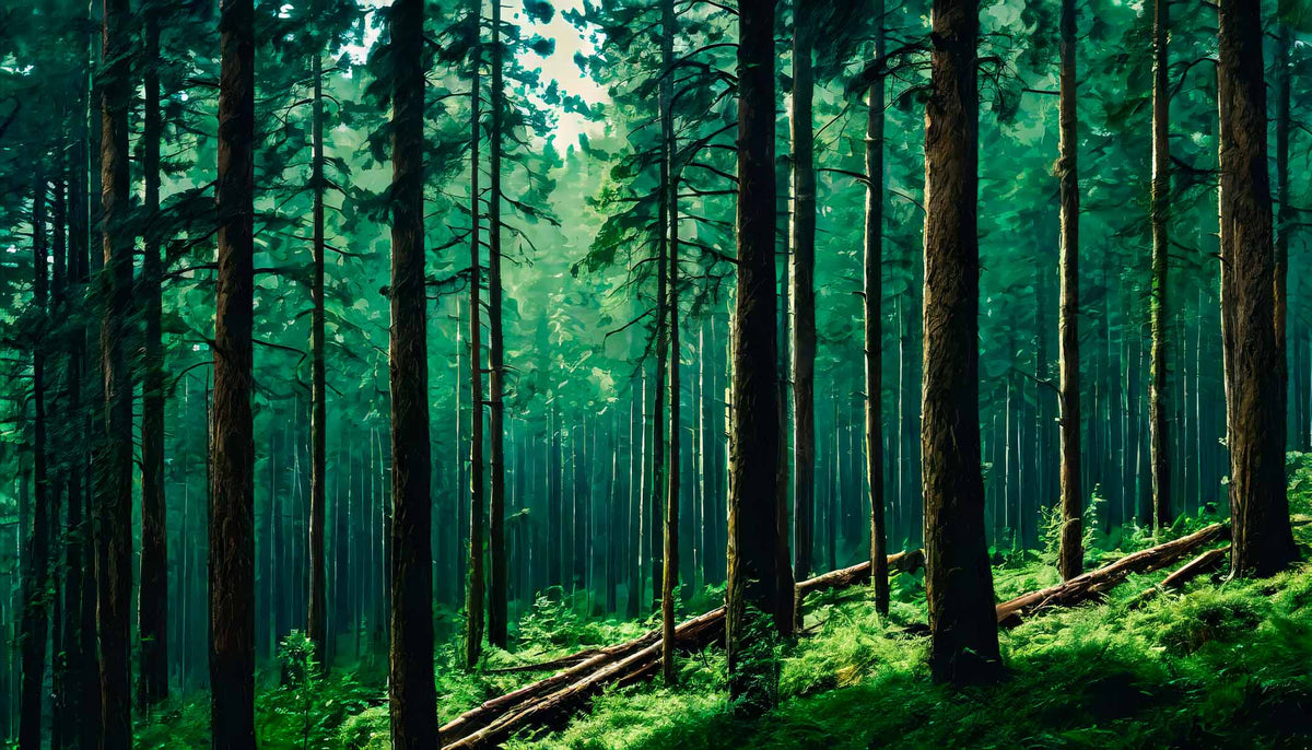 Mystiek dennenbos – dicht groen bosfotobehang