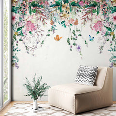 Custom Delicate Hanging Flowers and Butterflies Wallpaper