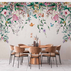 Custom Delicate Hanging Flowers and Butterflies Wallpaper