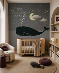 Night whale wallpaper in a modern nursery with a crib.