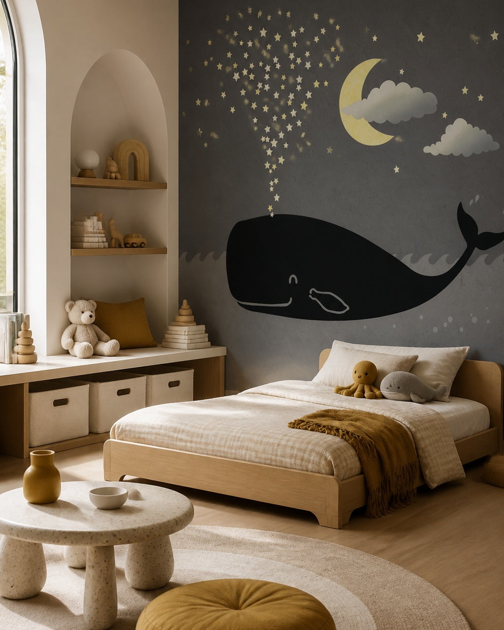 Night whale wallpaper in a toddler bedroom with a child-sized bed.
