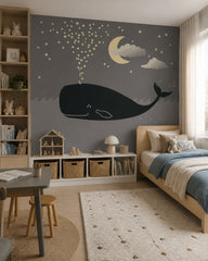 Night whale wallpaper in a girl’s bedroom.