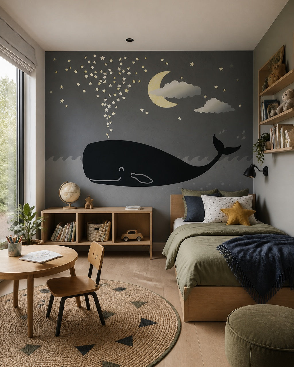 Night whale wallpaper in a boy’s bedroom.
