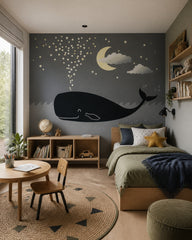 Night whale wallpaper in a boy’s bedroom.