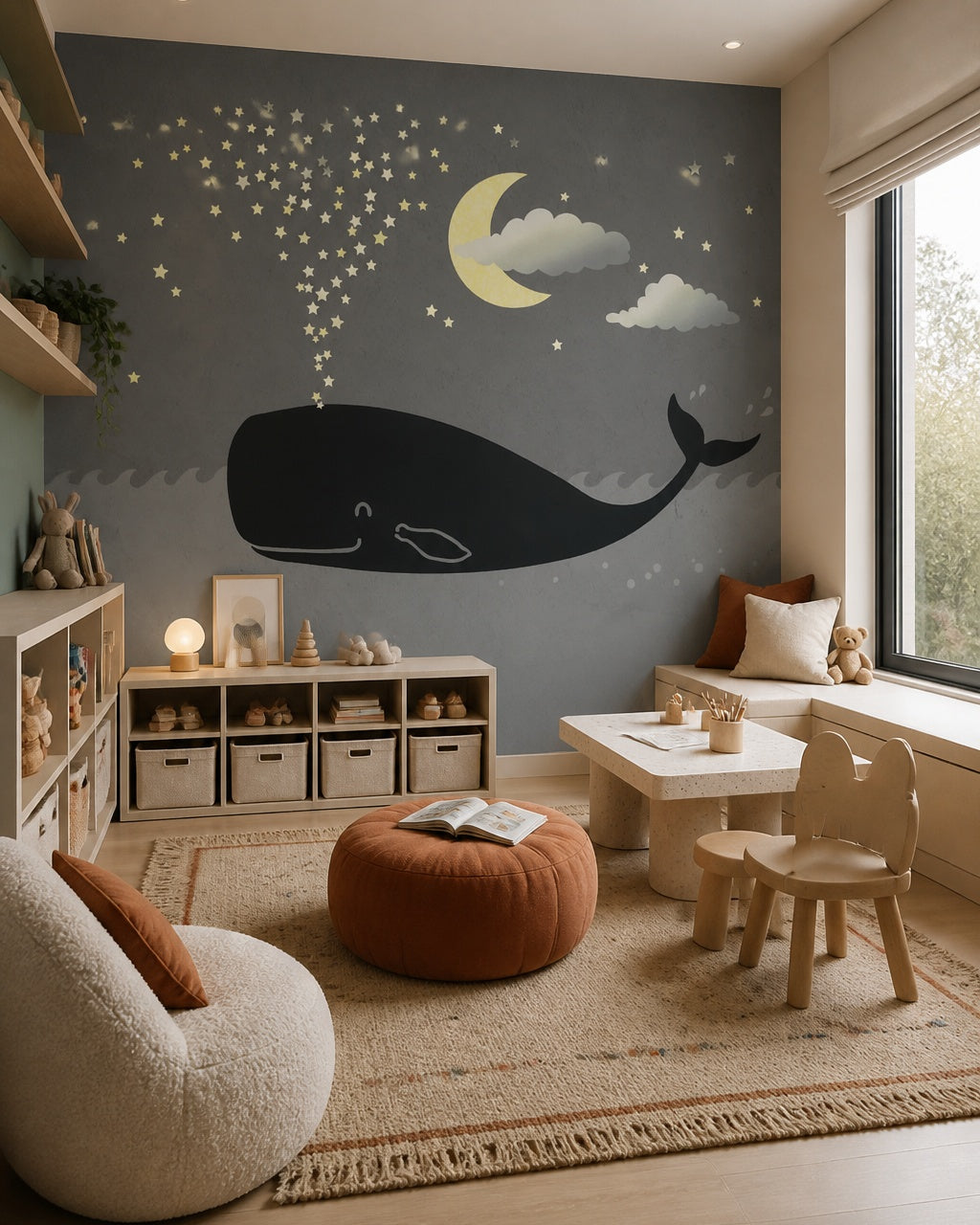 Night whale wallpaper in a children’s playroom.