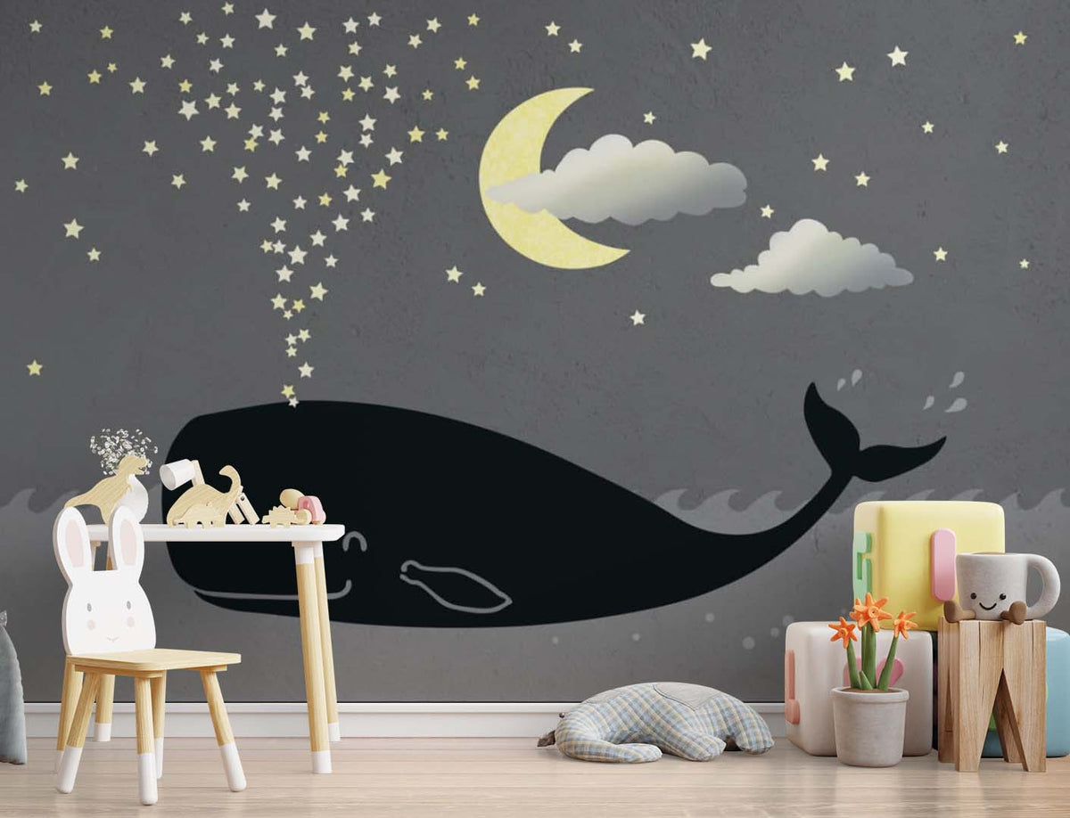 Kids Wall Mural Magic Night Whale in Clouds Moon Stars Nursery Wallpaper