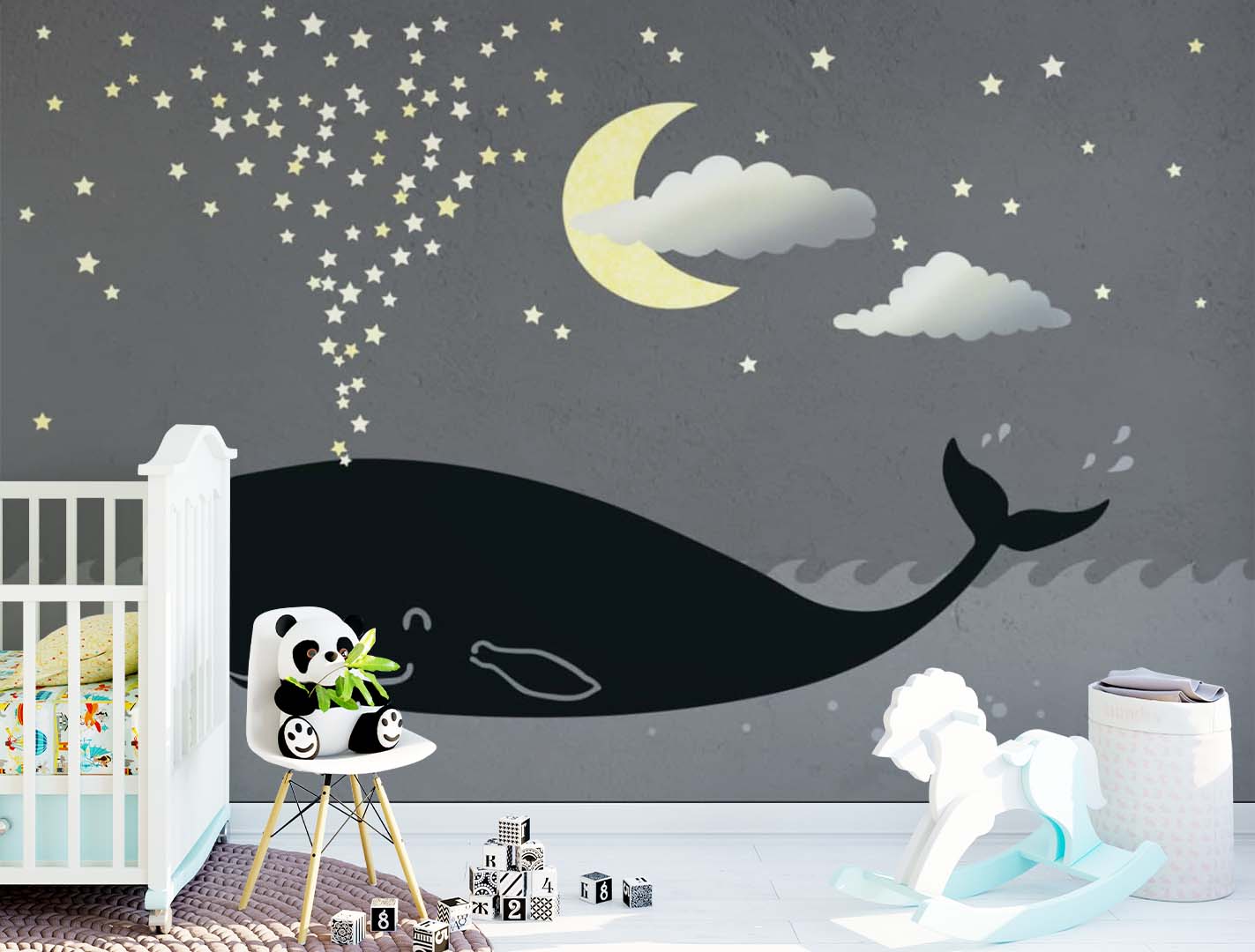 Kids Wall Mural Magic Night Whale in Clouds Moon Stars Nursery Wallpaper