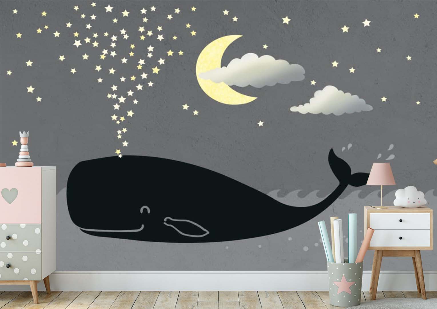 Kids Wall Mural Magic Night Whale in Clouds Moon Stars Nursery Wallpaper