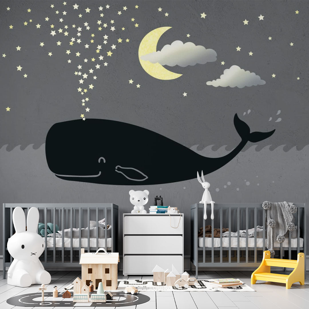 Kids Wall Mural Magic Night Whale in Clouds Moon Stars Nursery Wallpaper