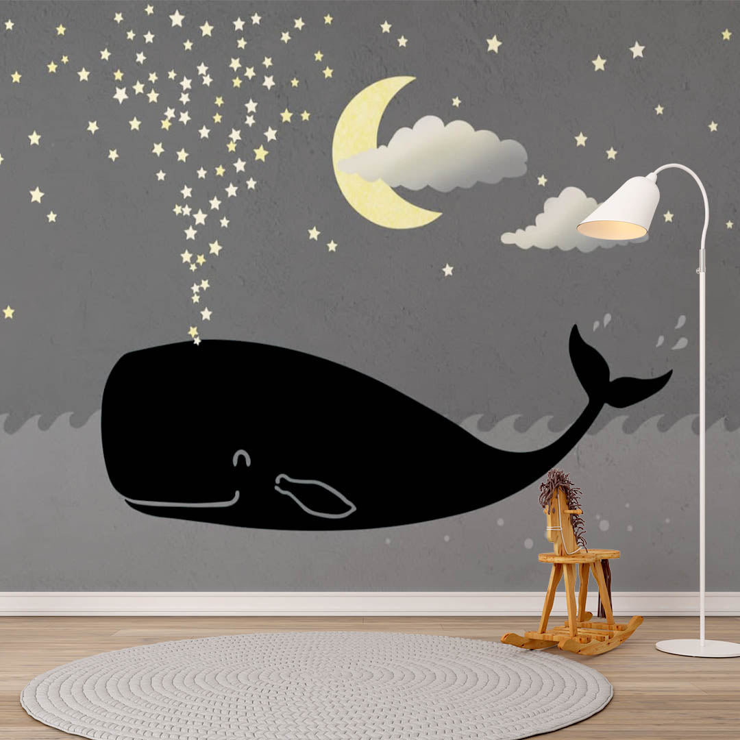 Kids Wall Mural Magic Night Whale in Clouds Moon Stars Nursery Wallpaper