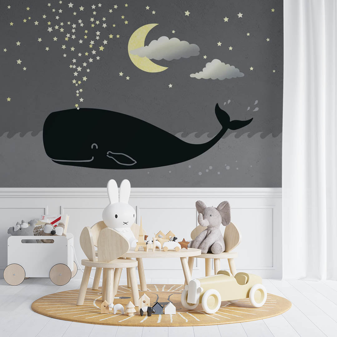 Kids Wall Mural Magic Night Whale in Clouds Moon Stars Nursery Wallpaper