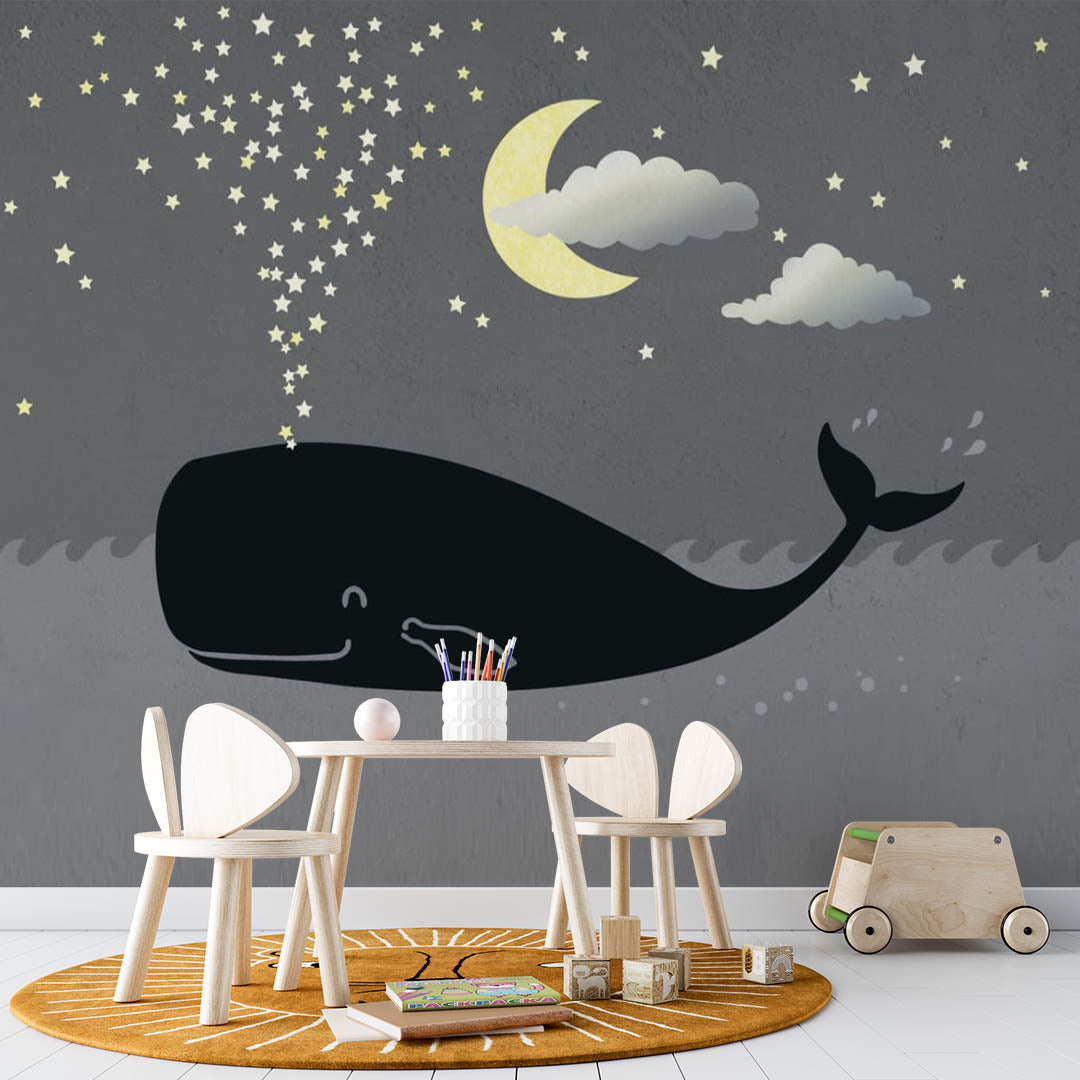 Kids Wall Mural Magic Night Whale in Clouds Moon Stars Nursery Wallpaper