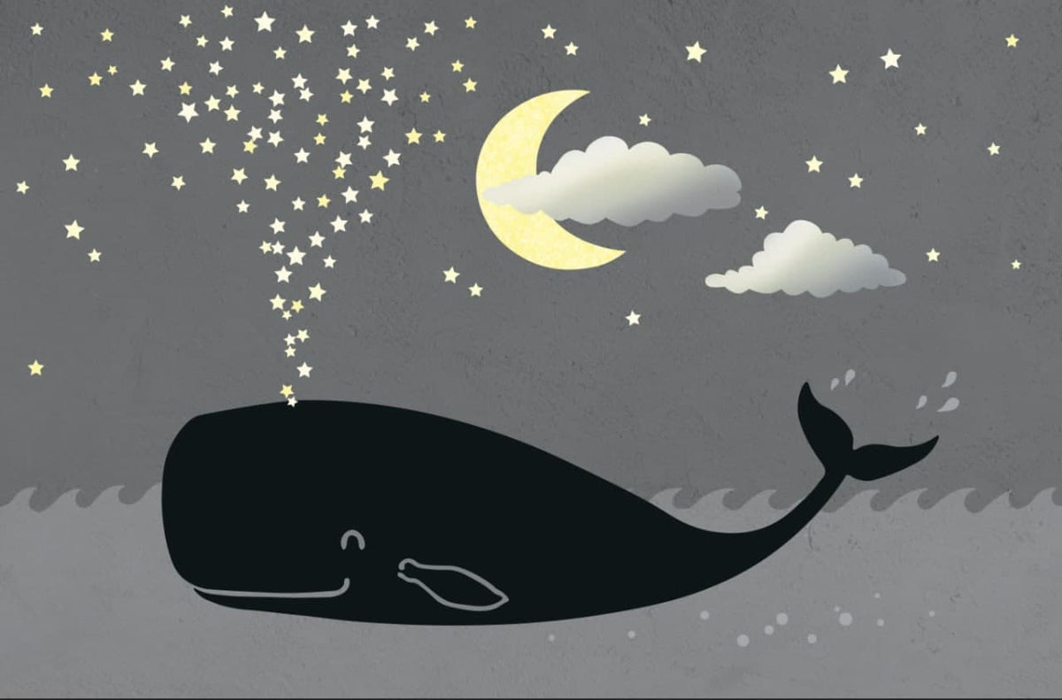 Papel pintado de ballena nocturna – Mural infantil con luna y estrellas doradas