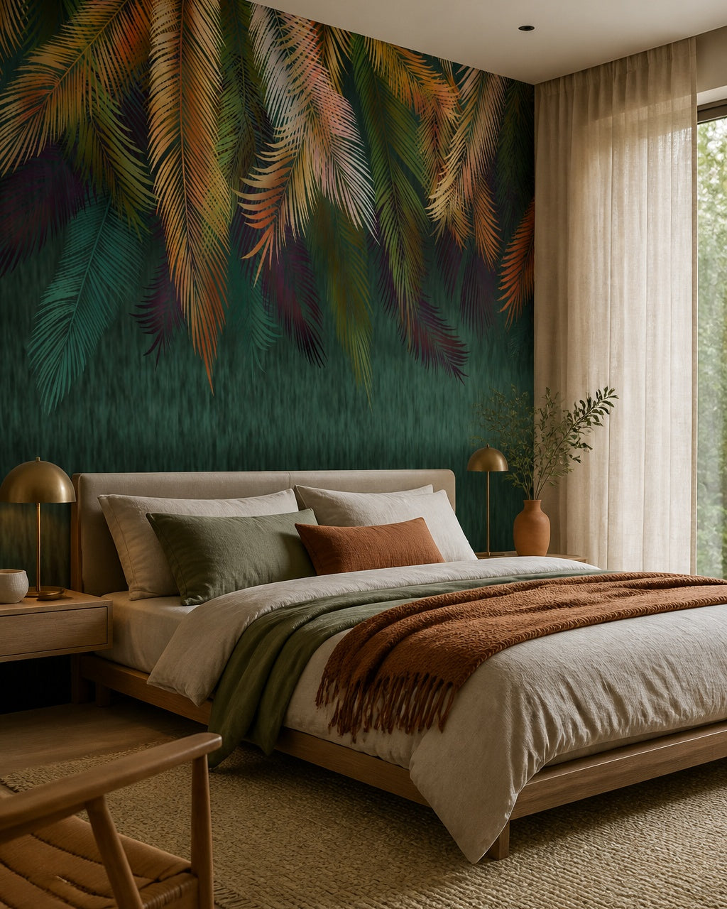 Hanging palm leaves wallpaper in a designer bedroom.