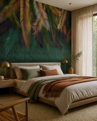 Hanging palm leaves wallpaper in a designer bedroom.
