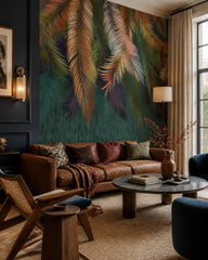 Hanging palm leaves wallpaper in a designer living room.