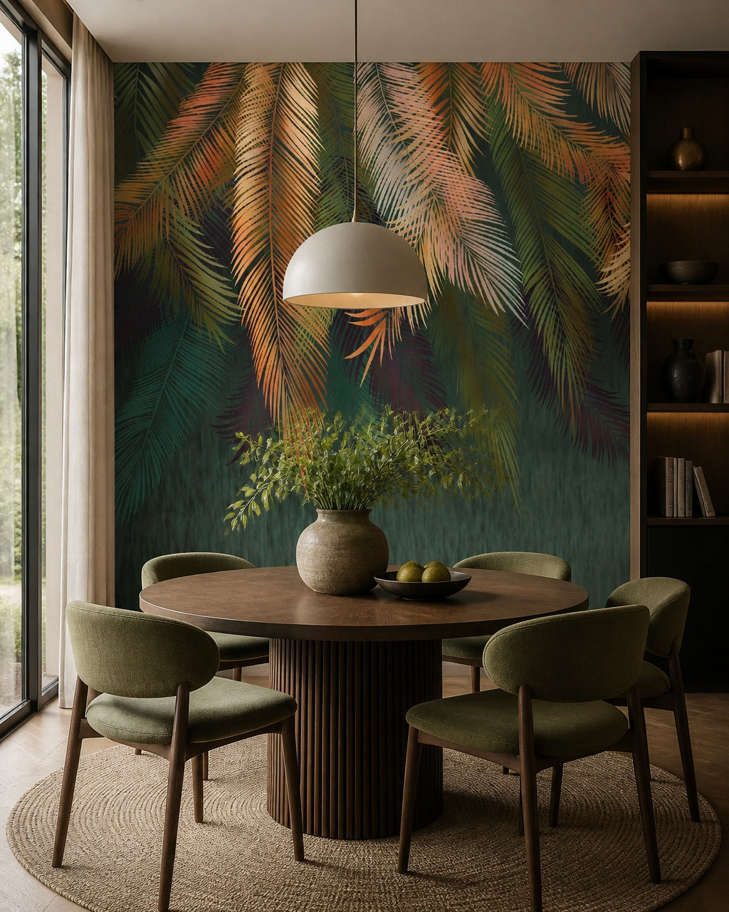 Hanging palm leaves wallpaper in a refined dining area.