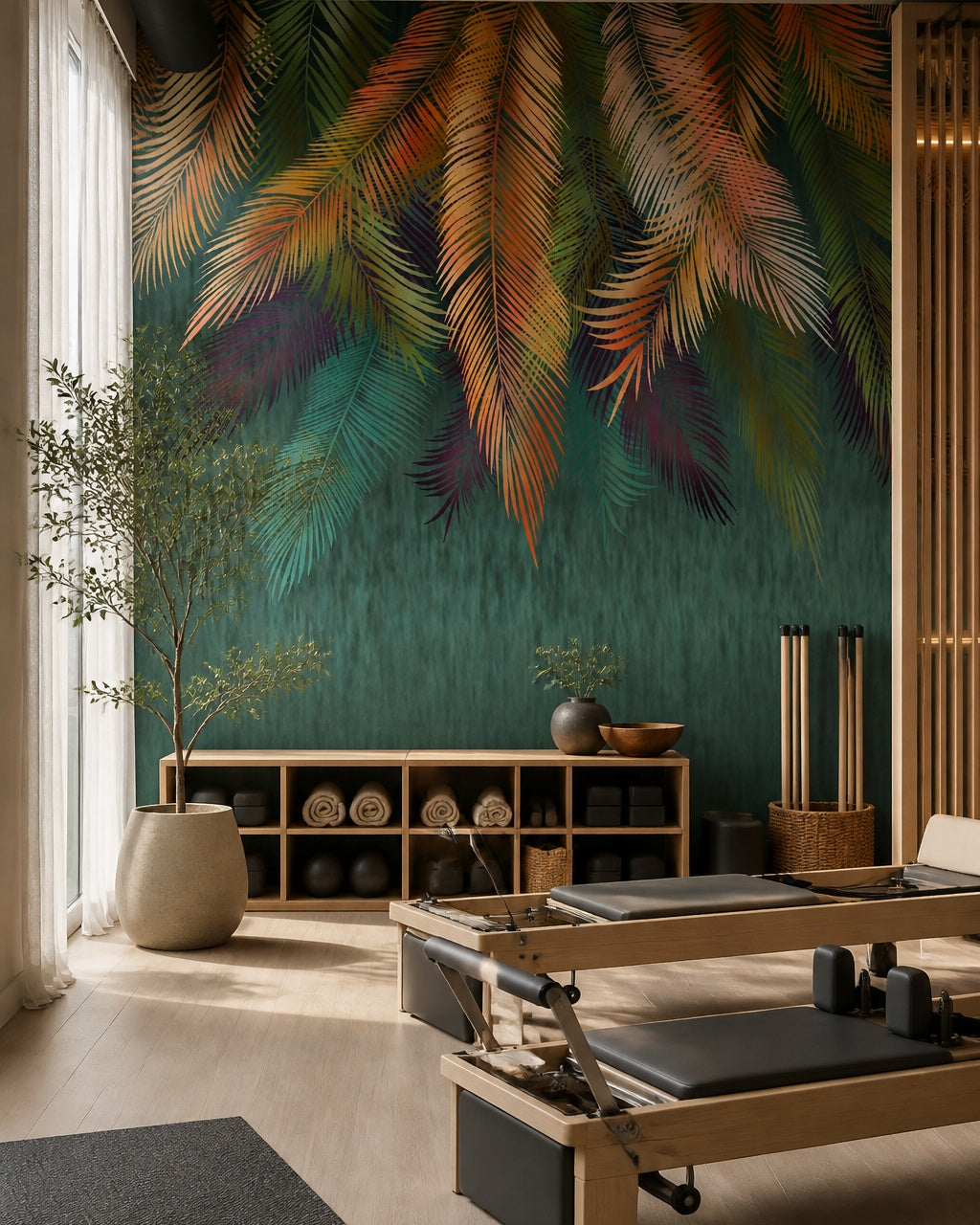 Hanging palm leaves wallpaper in a fitness studio.