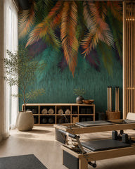Hanging palm leaves wallpaper in a fitness studio.