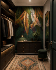 Hanging palm leaves wallpaper in a walk-in wardrobe.