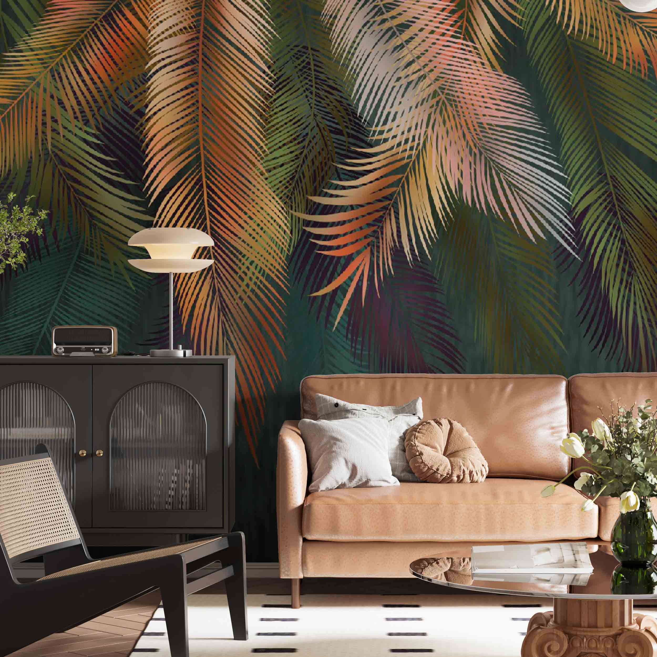 Tropical Wall Mural Art Green Palm Leaves Wallpaper Modern Dark Wall Decor