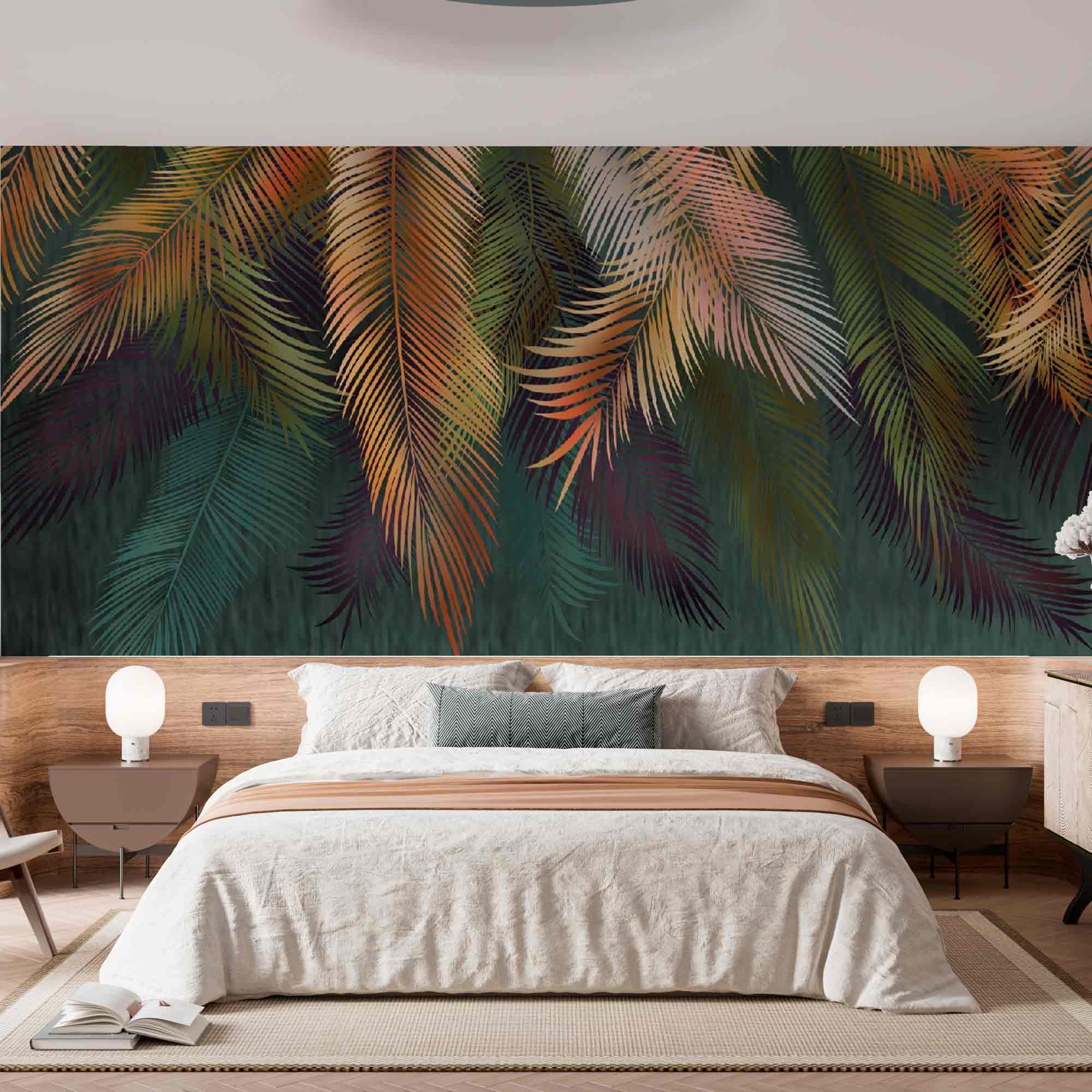 Tropical Wall Mural Art Green Palm Leaves Wallpaper Modern Dark Wall Decor