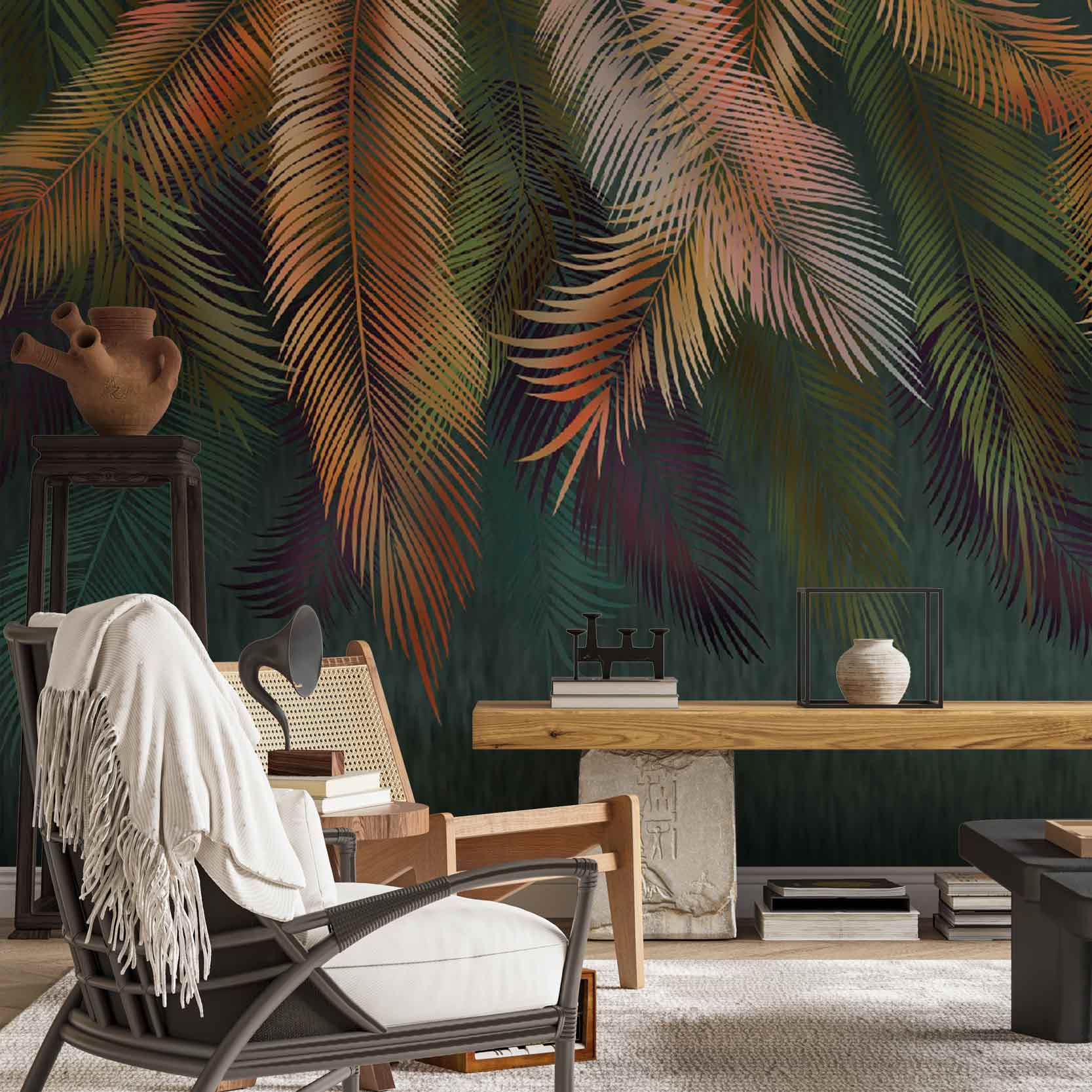 Tropical Wall Mural Art Green Palm Leaves Wallpaper Modern Dark Wall Decor