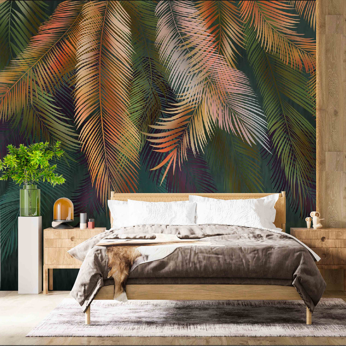 Tropical Wall Mural Art Green Palm Leaves Wallpaper Modern Dark Wall Decor