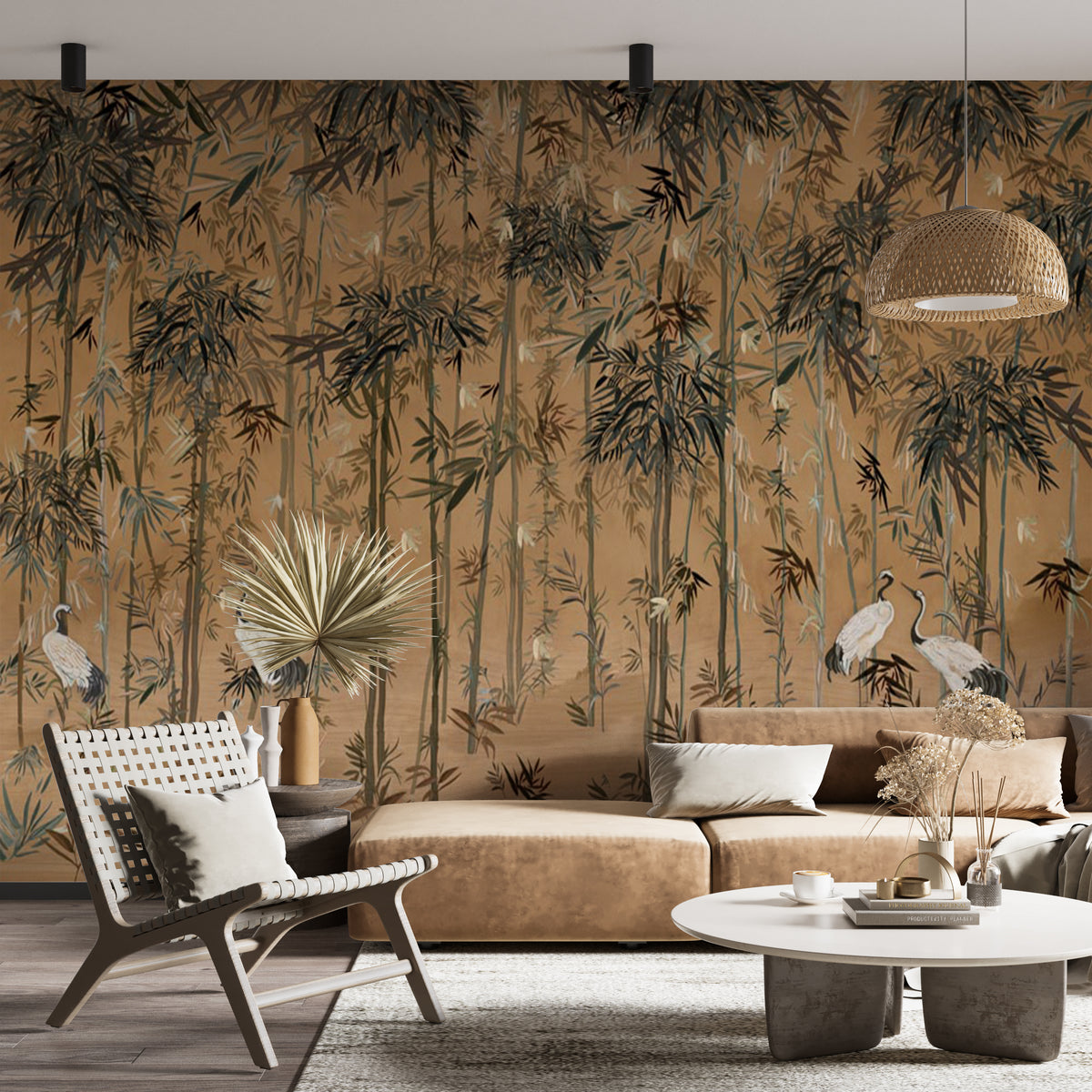 Custom Elegant Bamboo Forest with Cranes Wall Mural Wallpaper