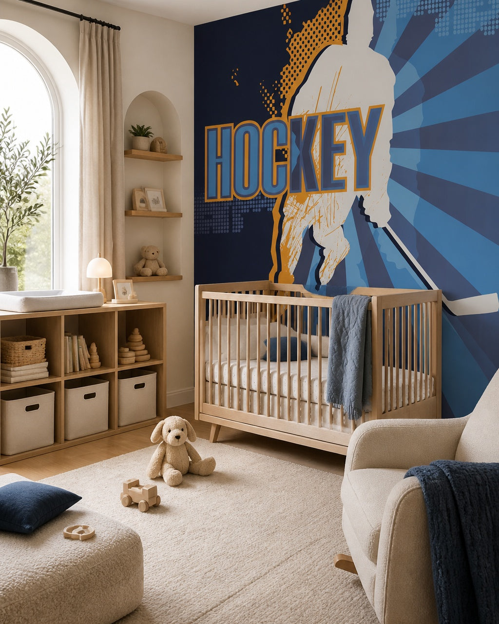 Hockey player wallpaper in a modern nursery with a crib.