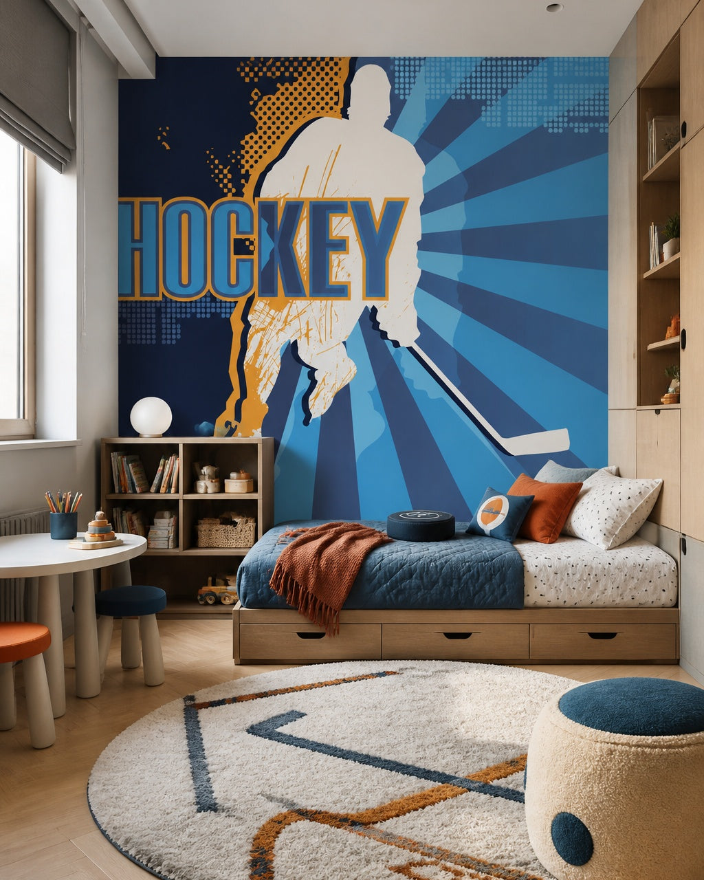 Hockey player wallpaper in a toddler bedroom with a child-sized bed.