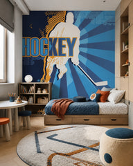 Hockey player wallpaper in a toddler bedroom with a child-sized bed.