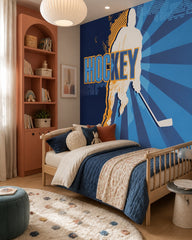 Hockey player wallpaper in a girl’s bedroom.