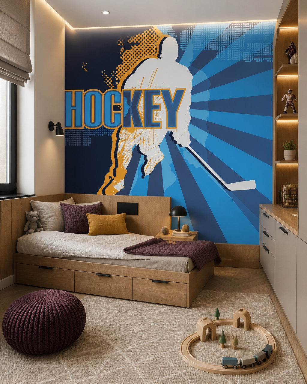 Hockey player wallpaper in a boy’s bedroom.