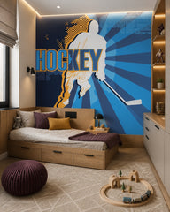 Hockey player wallpaper in a boy’s bedroom.