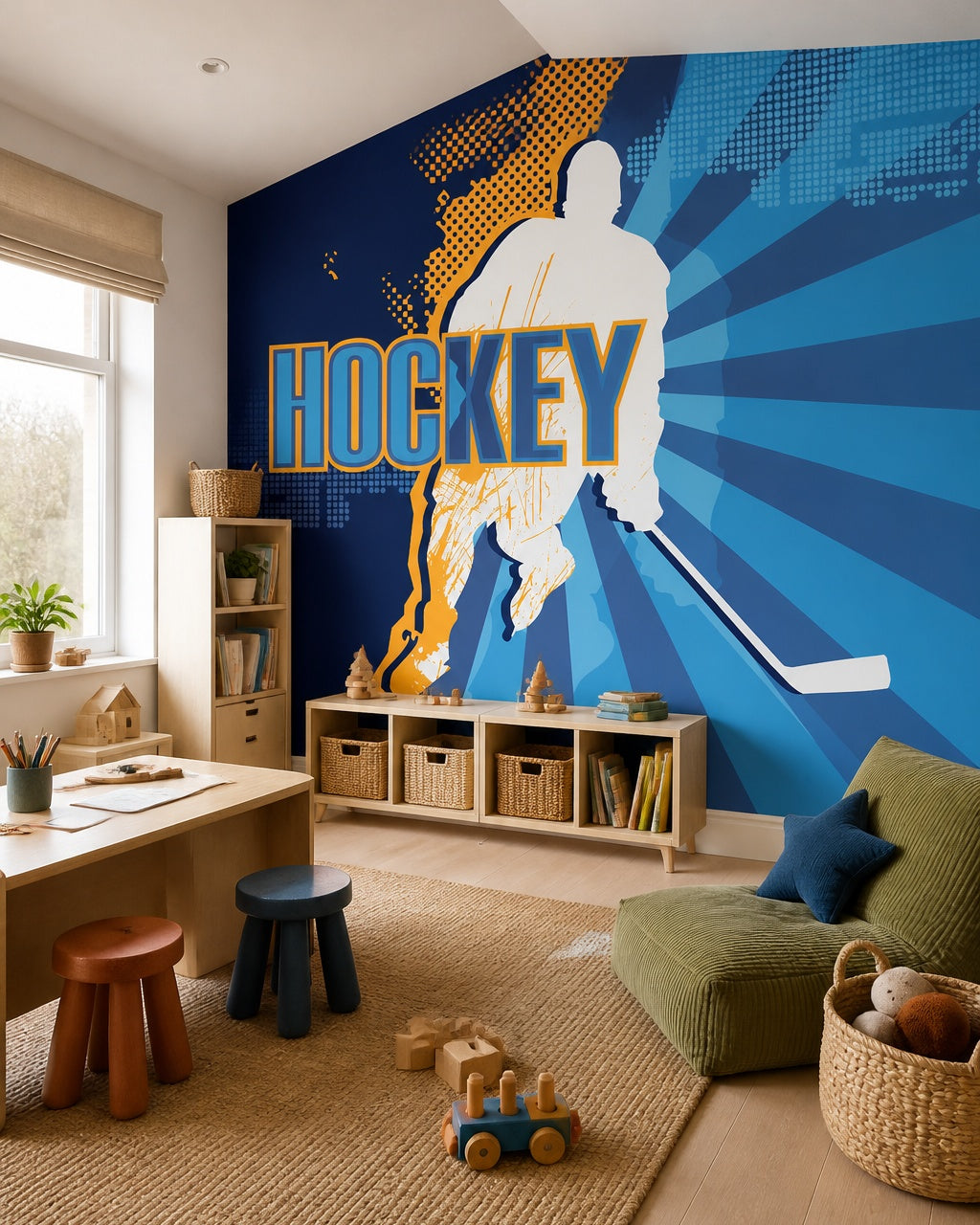 Hockey player wallpaper in a children’s playroom.