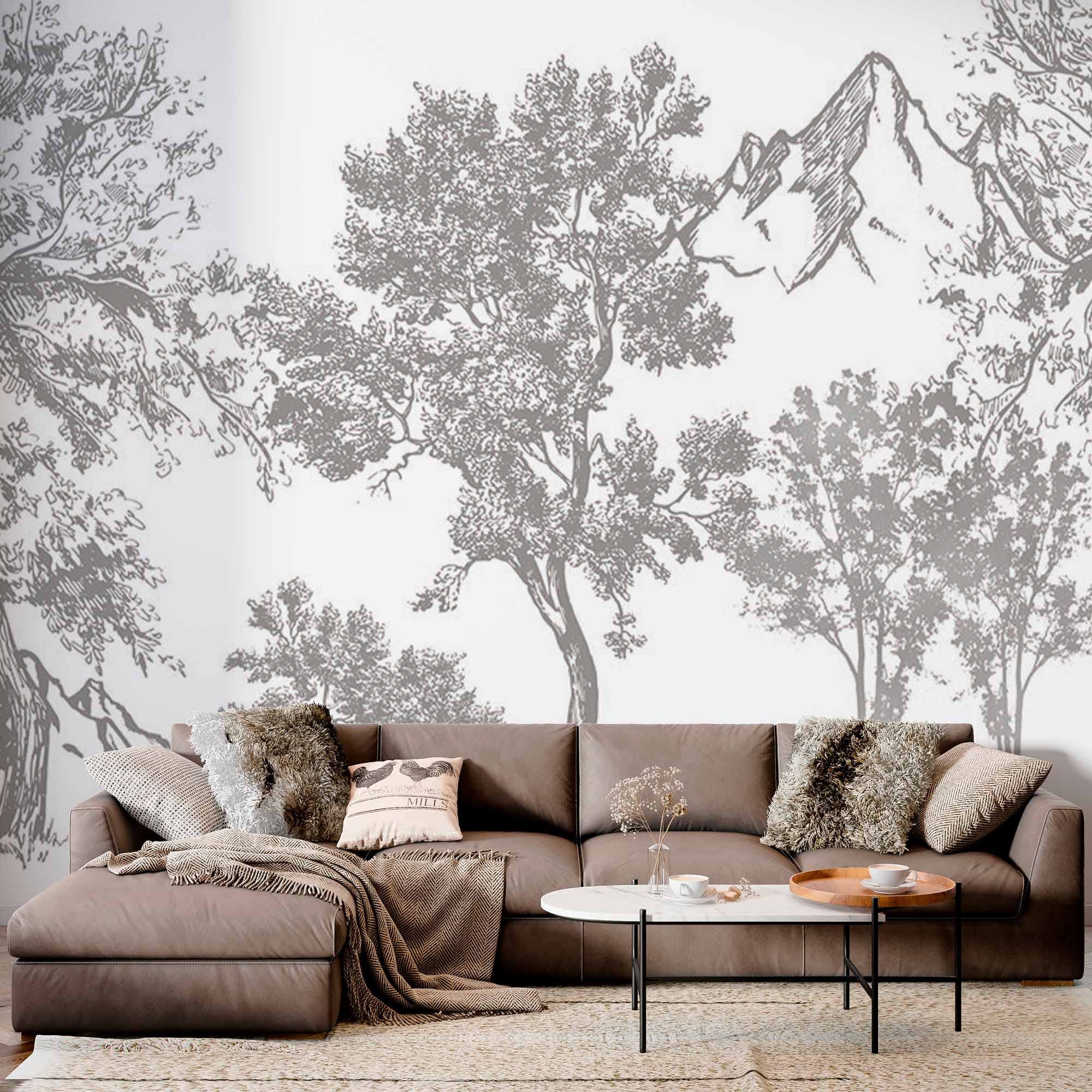 Vintage Sketch Landscape Wall Mural Wallpaper - Grayscale Trees and Mountains