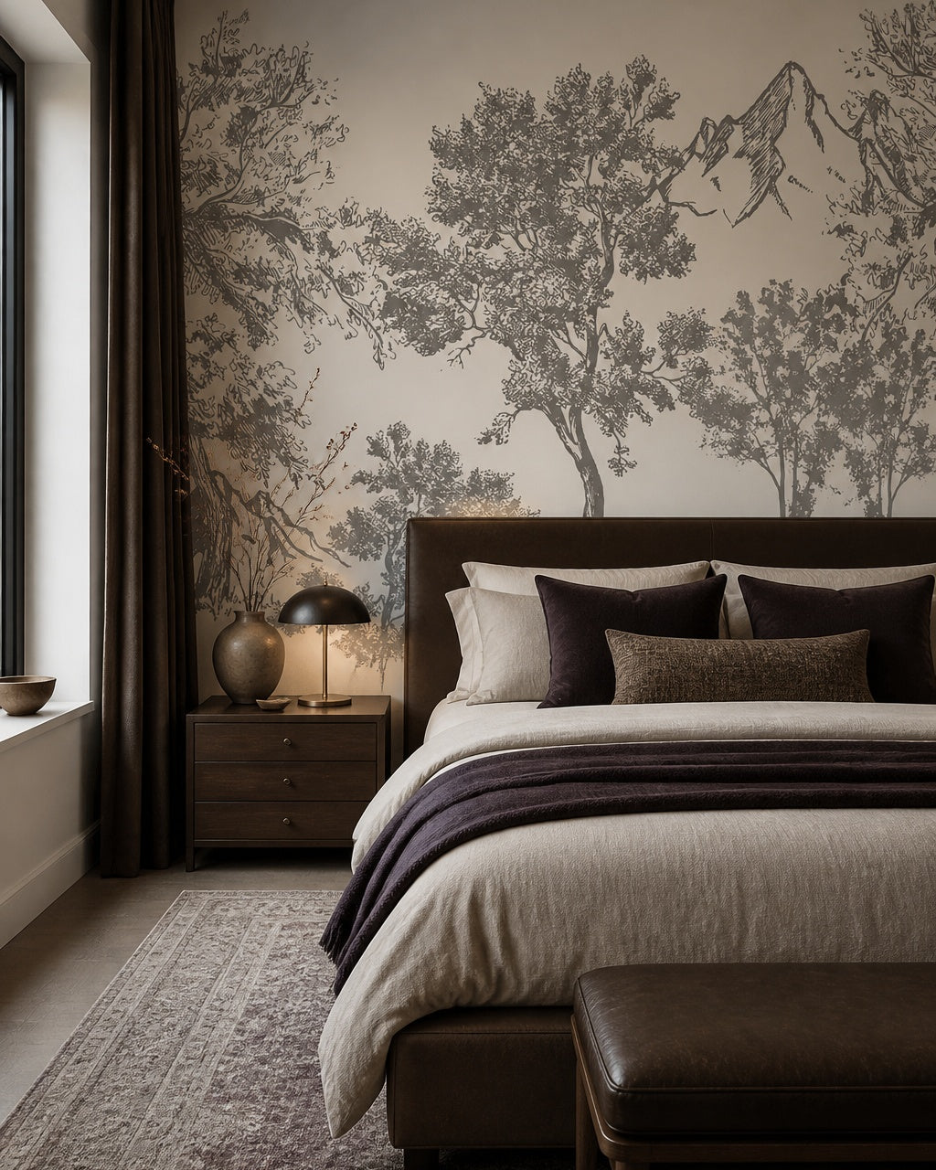 Vintage sketch trees wallpaper in a designer bedroom.