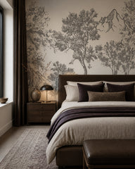 Vintage sketch trees wallpaper in a designer bedroom.