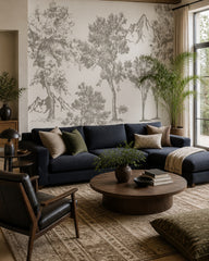 Vintage sketch trees wallpaper in a designer living room.