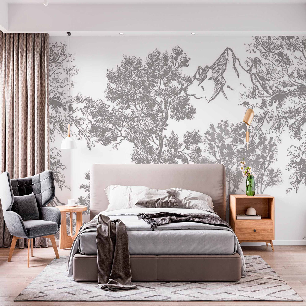 Vintage Sketch Landscape Wall Mural Wallpaper - Grayscale Trees and Mountains