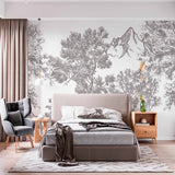 Vintage Sketch Landscape Wall Mural Wallpaper - Grayscale Trees and Mountains