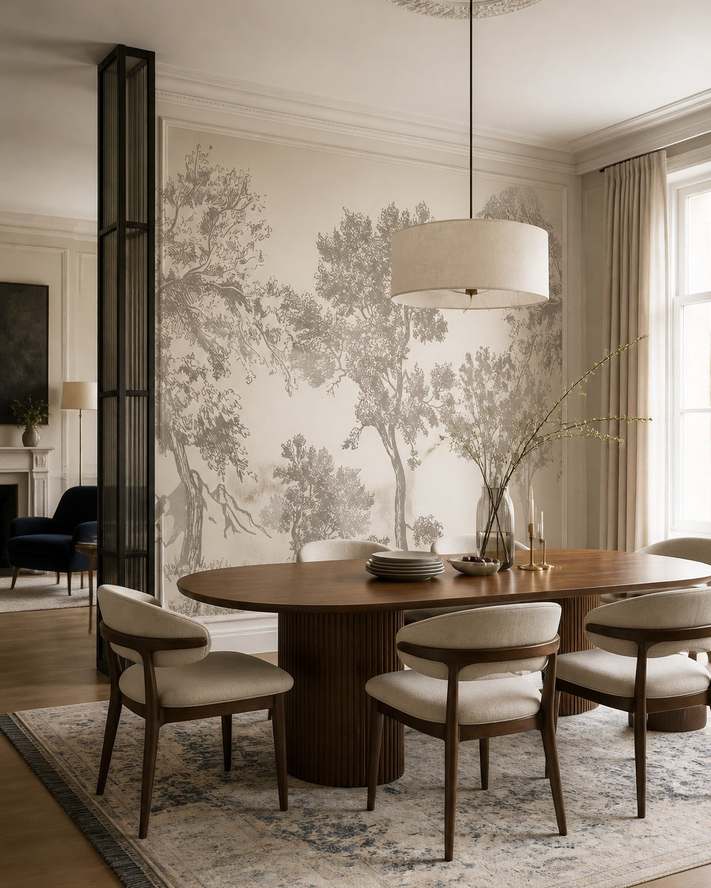 Vintage sketch trees wallpaper in a refined dining area.