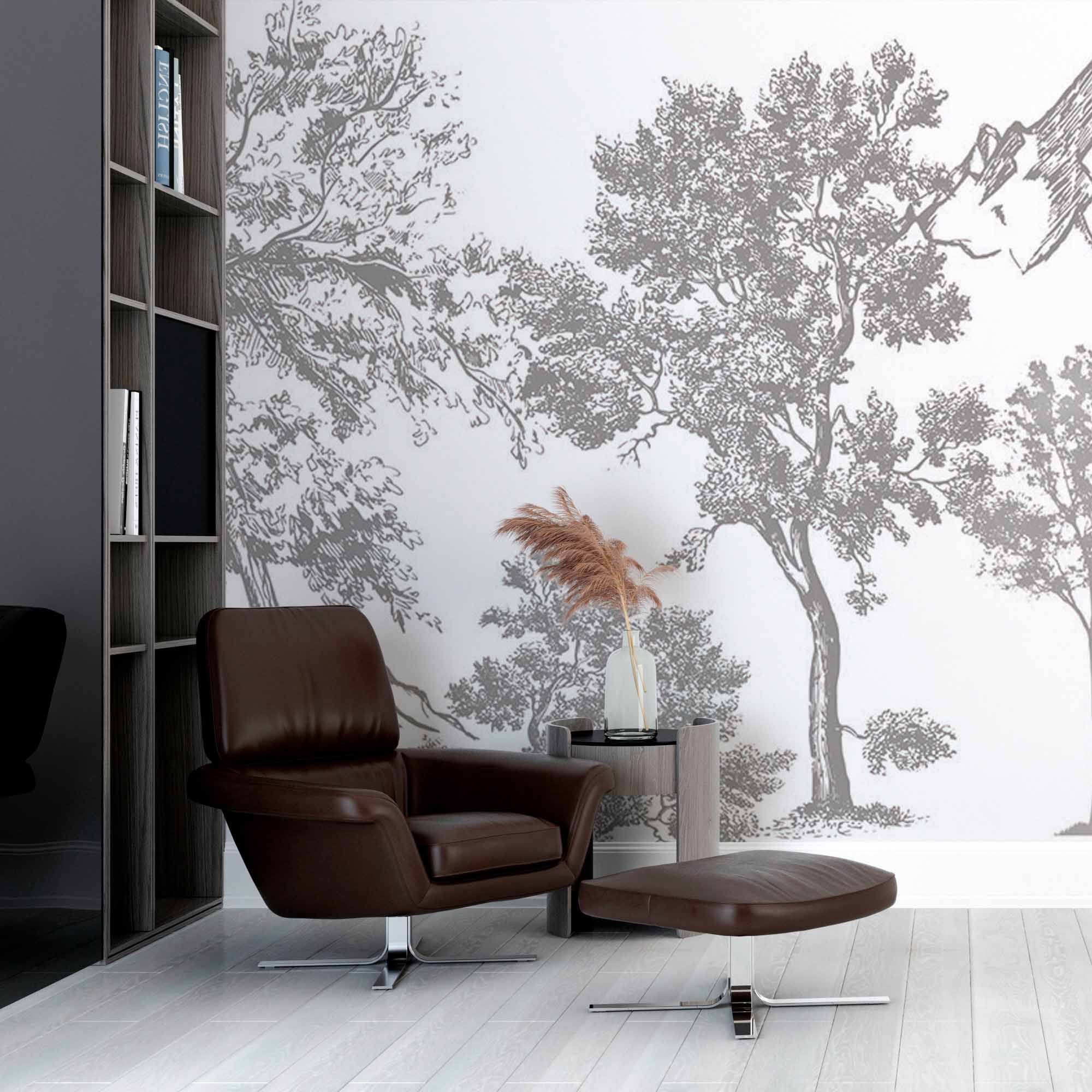 Vintage Sketch Landscape Wall Mural Wallpaper - Grayscale Trees and Mountains