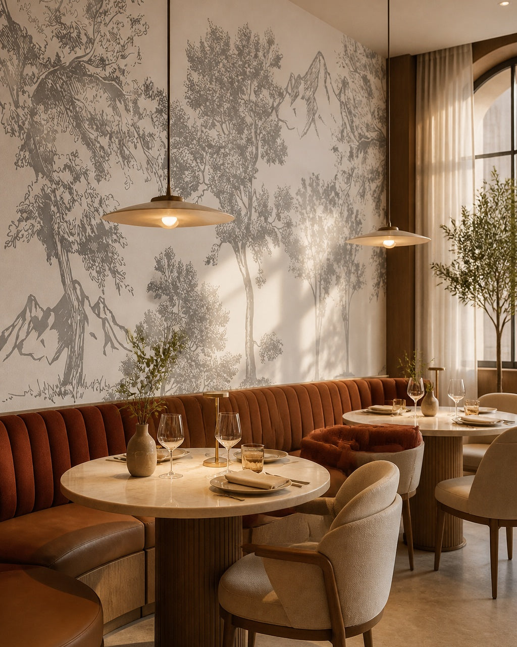 Vintage sketch trees wallpaper in a restaurant.