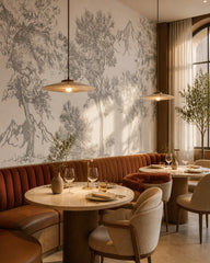 Vintage sketch trees wallpaper in a restaurant.