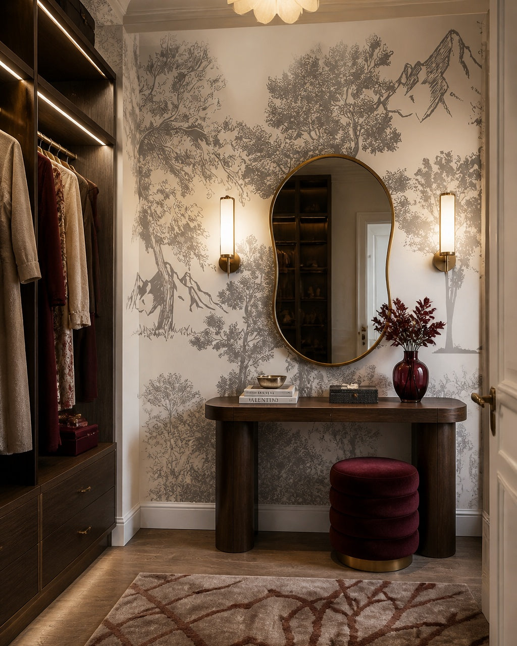 Vintage sketch trees wallpaper in a dressing room.