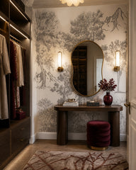 Vintage sketch trees wallpaper in a dressing room.