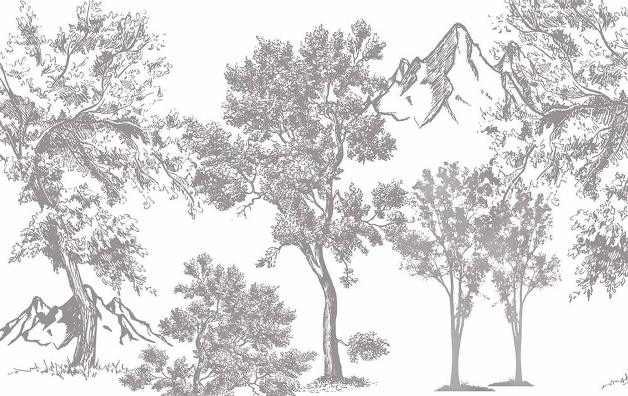 Vintage Sketch Landscape Wall Mural Wallpaper - Grayscale Trees and Mountains