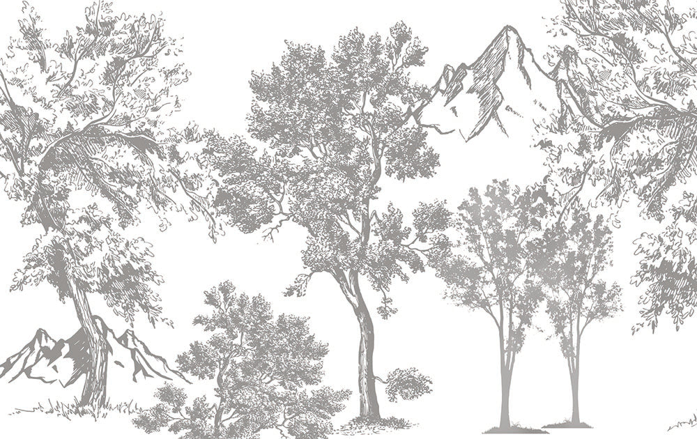 Papel pintado de boceto botánico vintage – Mural de toile con árboles grises y montañas